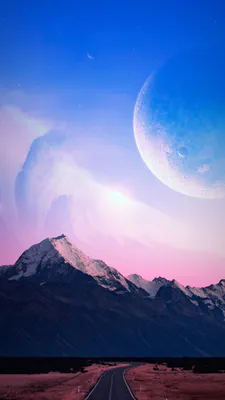 Mountains, Starry Sky, Moon, Planet, Mountain Road, Space Landscape, Pink Sky, Fantastic Landscape, AI Art