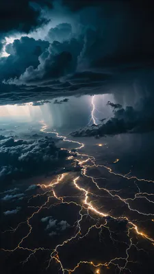 Гроза, Молния, Грозовые облака, Ночное небо, Ливень, Электрические разряды, Темный шторм