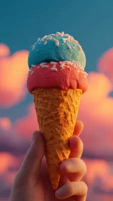 Ice Cream, Waffle Cone, Multi-colored Ice Cream, Dessert, Hand, Sprinkles, AI Art