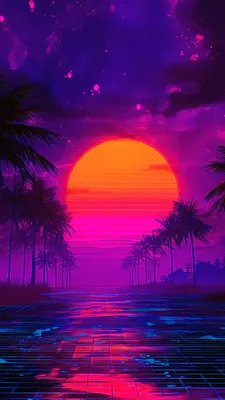 AI Art, Sunset, Reflection, Nature, Neon