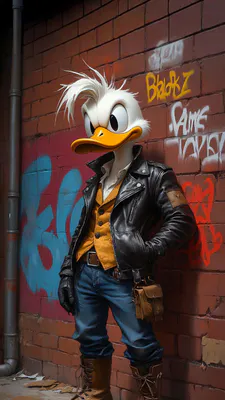 Anthropomorphic Duck, White Feathers, Leather Jacket, Street Graffiti, Brick Wall, Yellow Vest, High Boots, AI Art