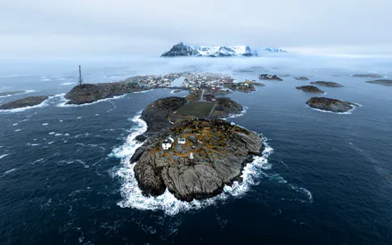 Island, Sea Coast, Fishing Village, Rocky Shore, Ocean, Mountains in the Fog, Aerial Photography, Football Field