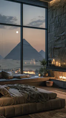 Bedroom, Panoramic Window, Egyptian Pyramids, Stone Wall, Candles, Bed, Desert, Sunset, AI Art