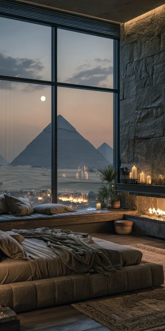 Phone wallpaper: Bedroom with pyramids