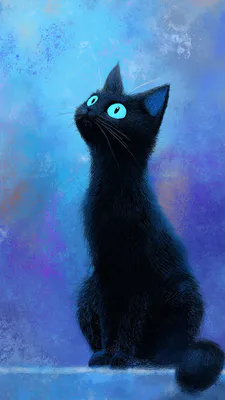 Black Cat, Blue Eyes, Fluffy Cat, Cat Illustration, Blue Shades, Digital Art