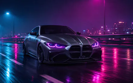 BMW, Спортивный автомобиль, Ночной город, Неоновое освещение, Мокрая дорога, Городской мост, Розовый свет, Синий свет, AI Art