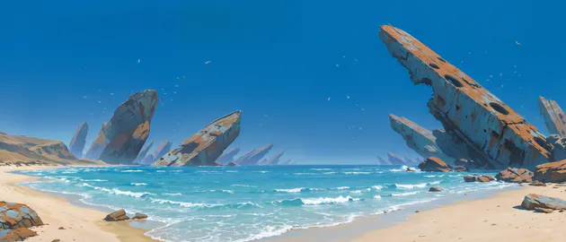 Фантастический берег, Бирюзовое море, Скалистые формации, Песчаный пляж, Морские волны, Голубое небо, Чайки, AI Art, Ultrawide