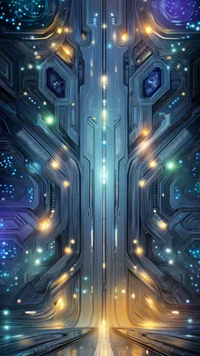 Futuristic Scheme, Technological Tunnel, Neon Lines, Microcircuits, Symmetry, Blue Illumination, Golden Light, Cyberpunk, AI Art