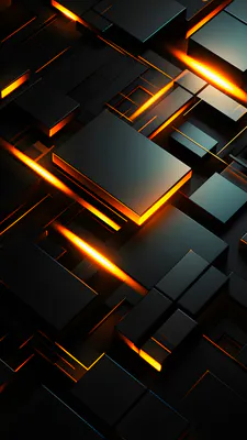 3D Geometry, Black Panels, Orange Lighting, Neon Lines, Abstract Composition, Technological Design, Three-dimensional Shapes, AI Art