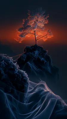 Tree, Neon Light, Orange Glow, Dark Landscape, Fantasy Landscape, Blue Backlight, Digital Art, AI Art