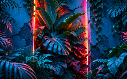 Tropical Plants, Monstera, Fern, Palm Leaves, Neon Lighting, Blue Wall, Pink Light, Jungle, AI Art