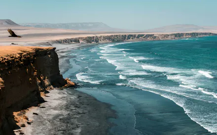 Supay Beach, Перу, Побережье, Океан, Скалы, Морские волны, Пляж, Птица