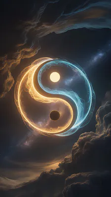 Yin Yang, Space Art, Blue and Gold Light, Nebula, Light Sphere, Abstract Symbolism, Stardust, AI Art
