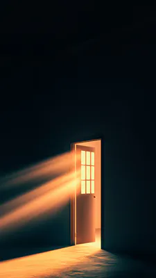 Открытая дверь, Темный интерьер, Луч света, Оранжевый свет, Кинематографическое освещение, Минималистическая архитектура, AI Art