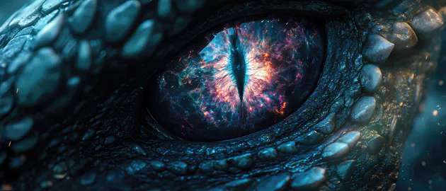 Глаз дракона, Вблизи, 6K, Ультраширокие, Обои на пк, Фэнтези арт, Красивый, Космический, Боке, Midjourney Art