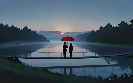 Minimalistic, Scenery, Minimal, Зонтик, Пейзаж, Отражения в воде, Закат солнца, Туман, Силуэты, ИИ искусство