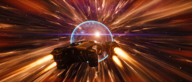 Звезда, Космос, Космический корабль, Космическое пространство, Скриншот, Игра, Звездолет, Буря, Ультраширокие, Обои на пк, Everspace, Screenshot, 6K