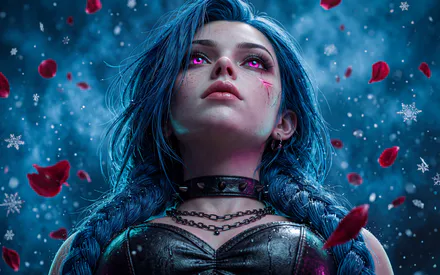 AI Art, AI Generated, Jinx, LoL, League of Legends, Blue Hair, Snow