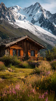 Шале, Горный дом, Деревянный дом, Альпийский дом, Горы, Альпы, Горный пейзаж, Снежные вершины, Ледник, Горная долина, Природа, Горная хижина, Сельский дом, Альпийский пейзаж, Луг, Цветы, Лето в горах, Путешествие, Туризм, Отдых