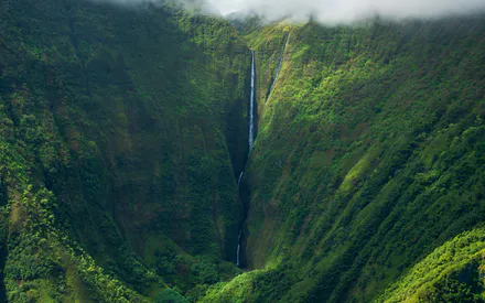 Водопад, Горы, Каньон, Тропики, Зеленый ландшафт, Природа, Туман, Высота