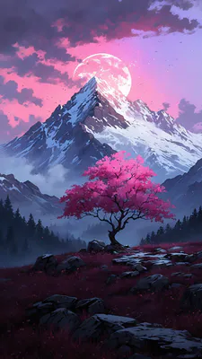 Горы, Луна, Сакура, Фантазия, Арт, Розовое небо, Пейзаж, Атмосфера