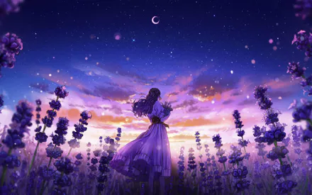 Лабан, Поле, Девушка, Сумерки, Звездное небо, Ночь, Цифровое искусство, Магия, Аниме стиль