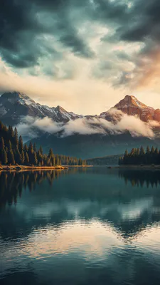 Пейзаж, Озеро, Лес, Горы, Рассвет, Утро, Туман, Отражение, Облака, Вода, Спокойствие