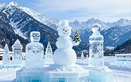 Снеговик, Лед, Горы, Новый Год, Ёлочка, Зима, Пейзаж