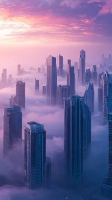 Небоскребы, Рассвет, Туман, Облака, Атмосфера, Розовый, Урбанизм