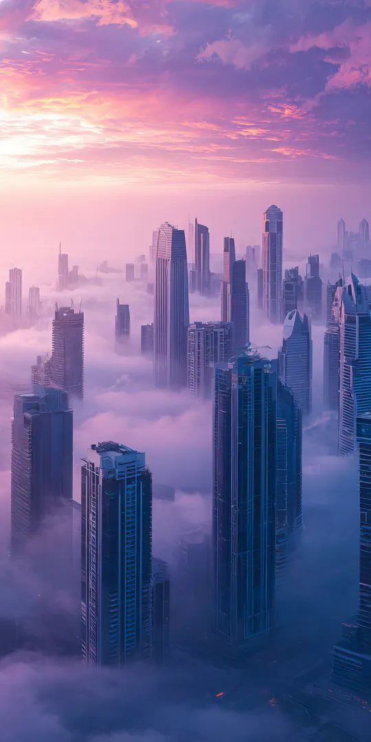 Обои на телефон: Город в розовых облаках на рассвете