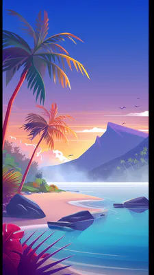 Tropical Beach, Palm Trees, Ocean, Sunset, Mountains, Coast, Tropics, Illustration