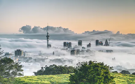 Auckland, Sky Tower, Cityscape, Cloud Cover, Tall Buildings, Green Hill, Sunset