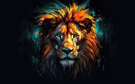 Lion, Wild Animal, Predator, Orange Mane, Brush Strokes, Digital Painting, Dark Background, AI Art
