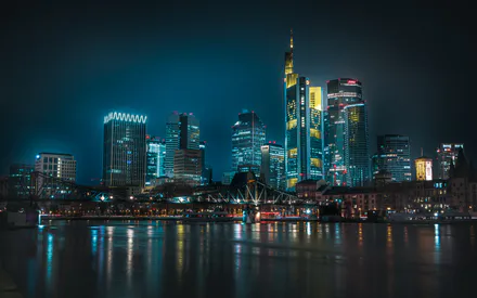 Frankfurt, Нічне місто, Міський пейзаж, Хмарочоси, Річка Main, Міст, Міська архітектура