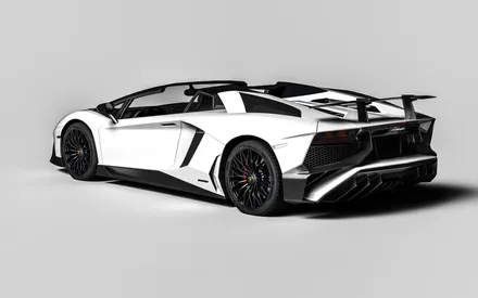 Lamborghini, Aventador, Родстер, Суперкар, Спорткар, Автомобіль, Машина, Біла машина, Білий суперкар, Карбон, Спойлер, Диски, Чорні диски, Студійне фото, Білий фон, Мінімалізм, Розкіш, Швидкість, Автоспорт, Ззаду, Вид збоку, Тюнінг, Екзотика