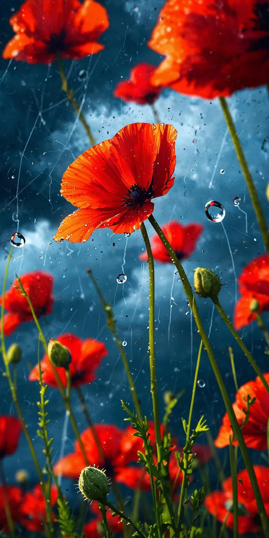 Phone wallpaper: Red poppies in the rain