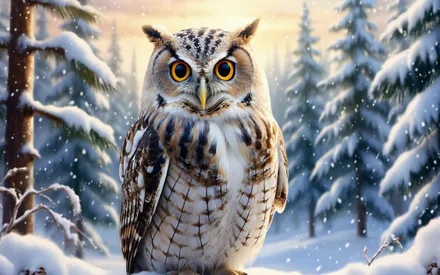Сова, Зима, Лес, Пейзаж, Снег, Птица