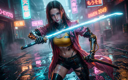 Katana, Girl, AI Art, AI Generated, Cyberpunk