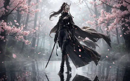 Mask, Katana, Girl, Sakura, Japan, AI Art, AI Generated