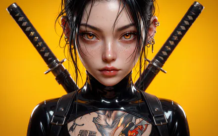 Girl, Katana, Tattoo, Tattooed Girl, AI Art, AI Generated