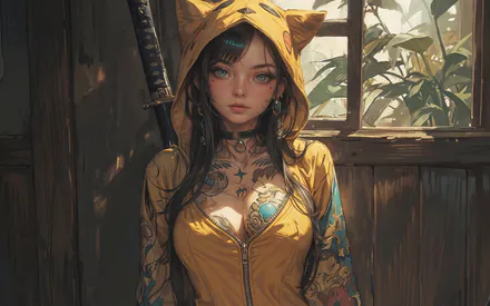 Girl, Katana, Hoodie, AI Art, AI Generated