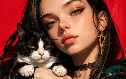 Cat, Girl, Red Background, AI Art, AI Generated