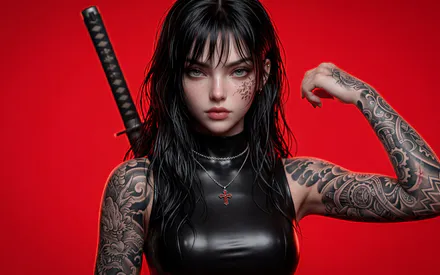 Tattoed, Tattoo, Tattooed Girl, AI Art, AI Generated, Girl, Red Background, Katana