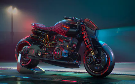 Брутальный, Мощный, Мотоцикл ARCH, Спортивный мотоцикл, Красный и черный, Уличный, Киберпанк