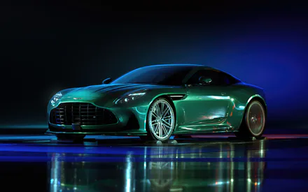 Aston Martin DB11, Суперкар, Спорткар, Зеленый автомобиль, Вид сбоку, Металлик, Неоновое освещение, Скорость