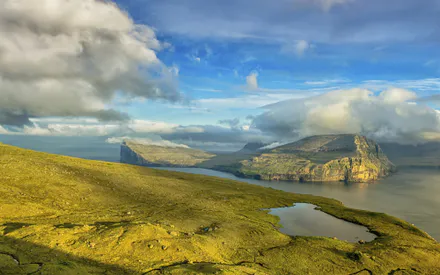 Скалы, Зелень, Облака, Остров, Фьорд, Атлантика, Пейзаж, Дикая природа, Небо