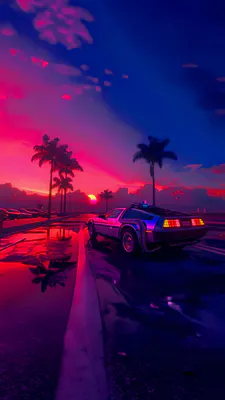 Неон, Закат, Спорткар, Автомобиль, Фиолетовый, Яркий, Пальмы, Отражение, Retrowave