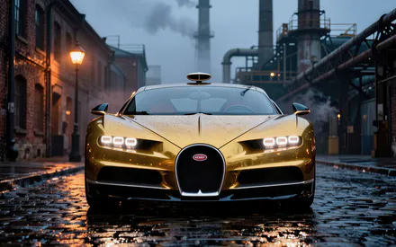 Автомобіль, Bugatti Chiron, Гіперкар, Суперкар, Золотий автомобіль, Бруківка, Мокра дорога, Промислова зона, Завод, Труби, Дим, Вечір, Фари, Відбиття, Розкіш, Швидкість, Транспорт