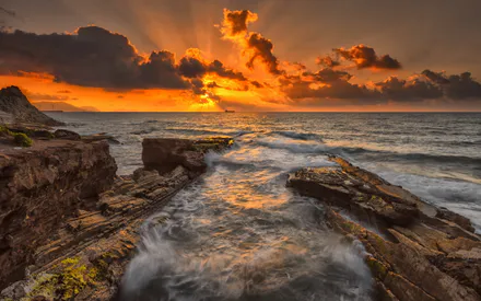 Sunset, Sea, Ocean, Rocks, Coast, Waves, Stones, Sun, Sun Rays, Clouds, Landscape, Nature, Water, Evening, Orange Sky, Surf