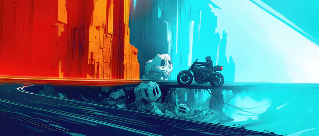 KyRyeZi, Midjourney Art, ИИ искусство, Мотоцикл, Сюрреализм, Иллюстрация, Яркие цвета, Фэнтези, Широкоформатные, Высокое разрешение, 10k